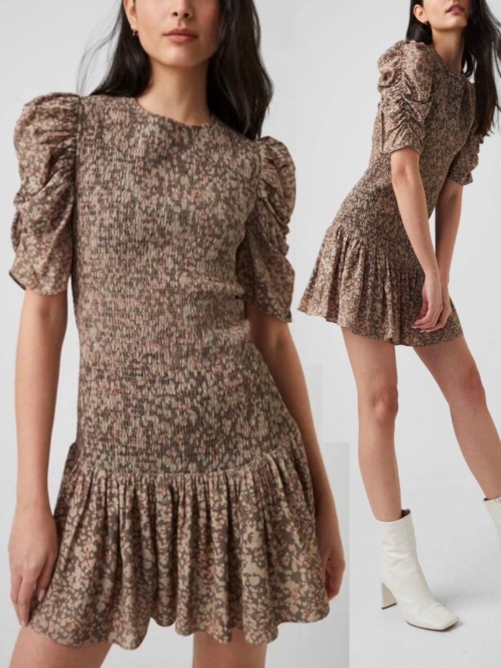 NEW French Connection Erika Smocked Puff Sleeve Mini Dress S Deep Moss $138 NWT